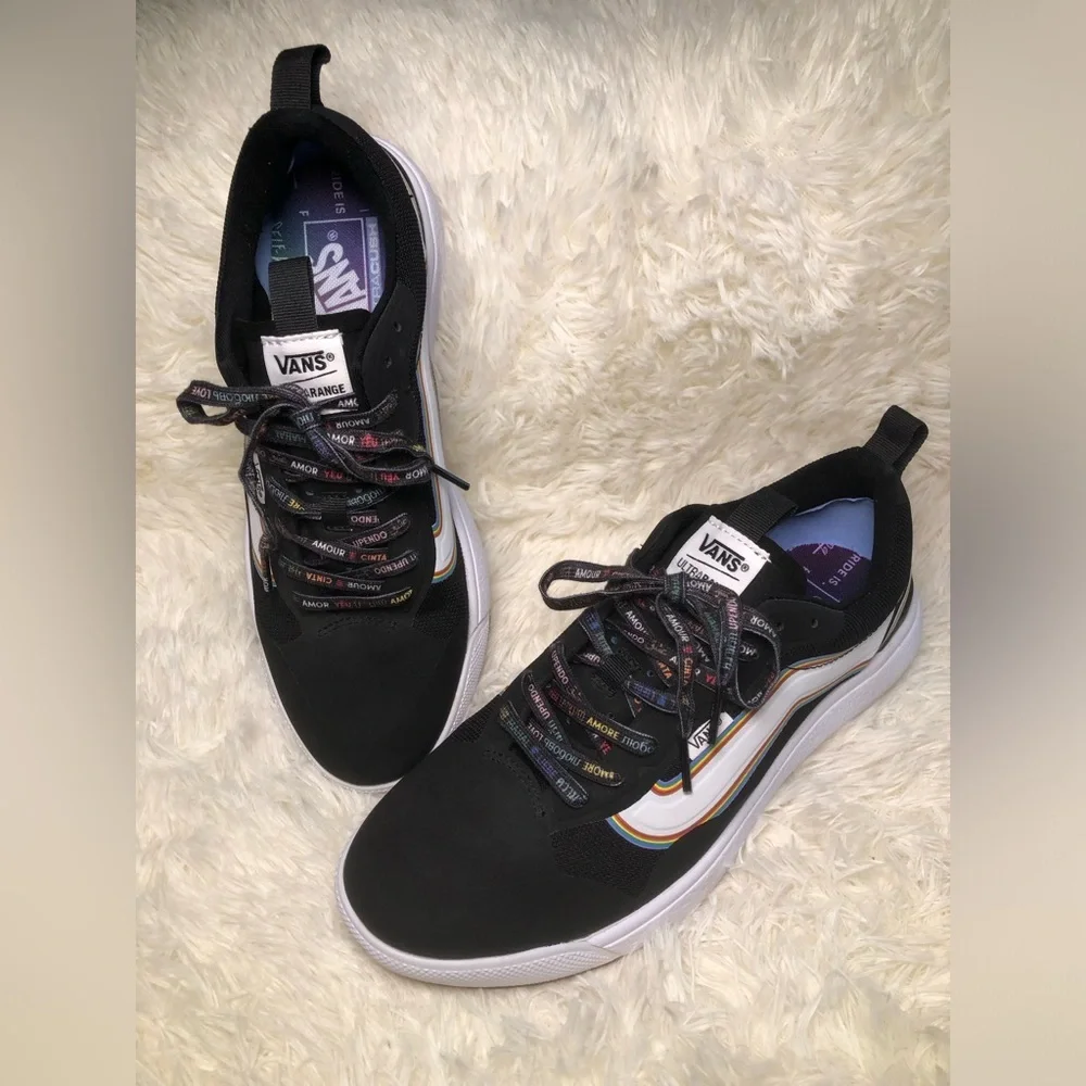 Vans Black/Pride Sneakers w/ White Stripe & Rainbow Trim Men’s 9 Women’s 10.5 🌈